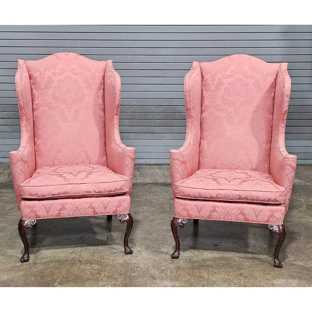 Store Item: Pair Southwood Mahogany Queen Anne Style Wing Chairs Silk Damask Fabric made in North Carolina Description:...