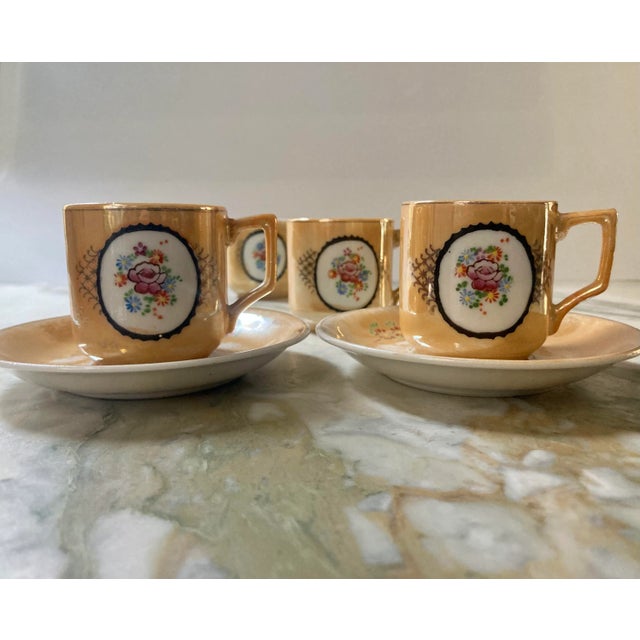 Japanese 1940s Japan Orange Lustreware Demitasse Cups & Saucers Set- 6 Pieces For Sale - Image 3 of 13