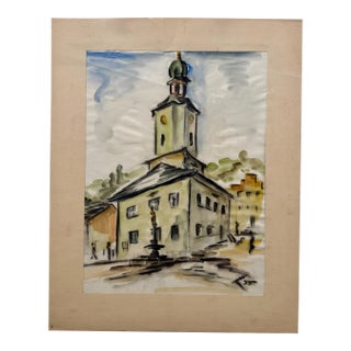 Henry Emil Salloch Original Watercolor on Paper European Town Square, 1935. For Sale