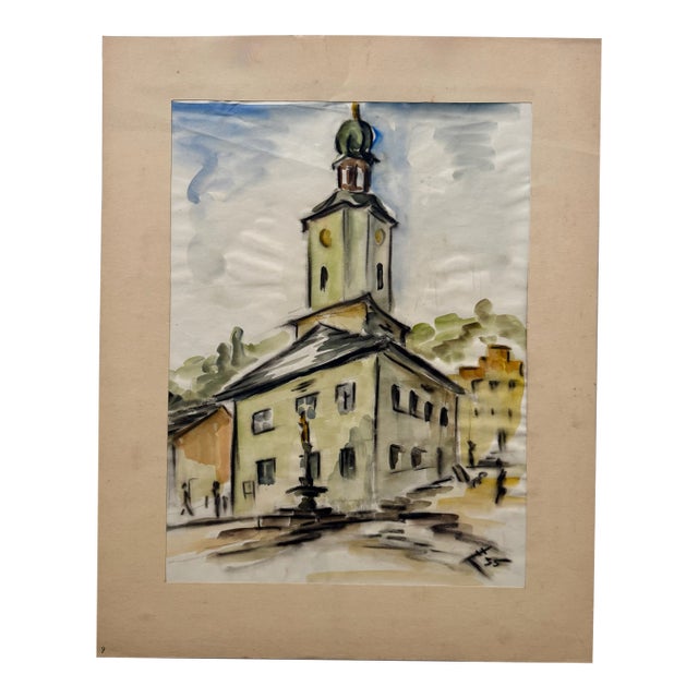 Henry Emil Salloch Original Watercolor on Paper European Town Square, 1935. For Sale