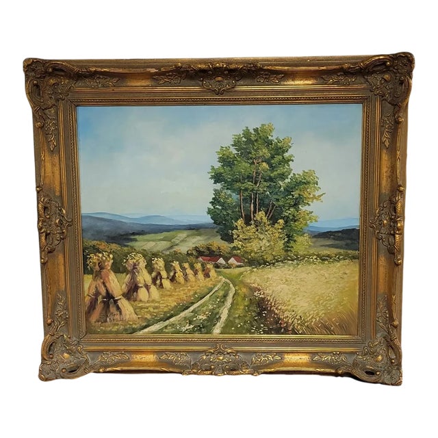 Mid 20th C Traditional Framed Oil on Board Haystacks Landscape Scene For Sale