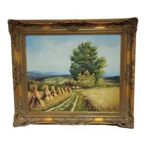 Mid 20th C Traditional Framed Oil on Board Haystacks Landscape Scene