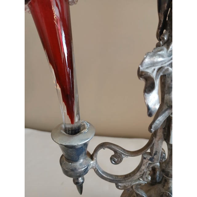 Wilcox Figural Silver Plate Epergne With Cranberry Glass For Sale - Image 10 of 14