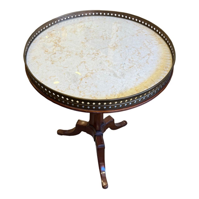 Antique French Mahogany Round Table With Marble Top and Brass Gallery For Sale