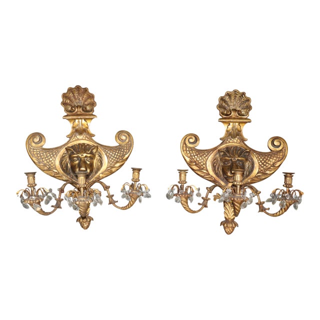 Pair of Antique English Turn of the Century Carved Gilt Wood Sconces For Sale