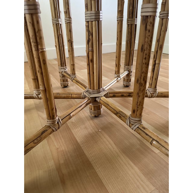 Wood 1990s Unmarked McGuire Organic Modern Bamboo & Rattan Circular Dining Table With Glass Top For Sale - Image 7 of 12