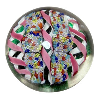 Vintage Hand Blown Italian Murano Art Studio Glass Millefiori Paperweight Ribbon For Sale