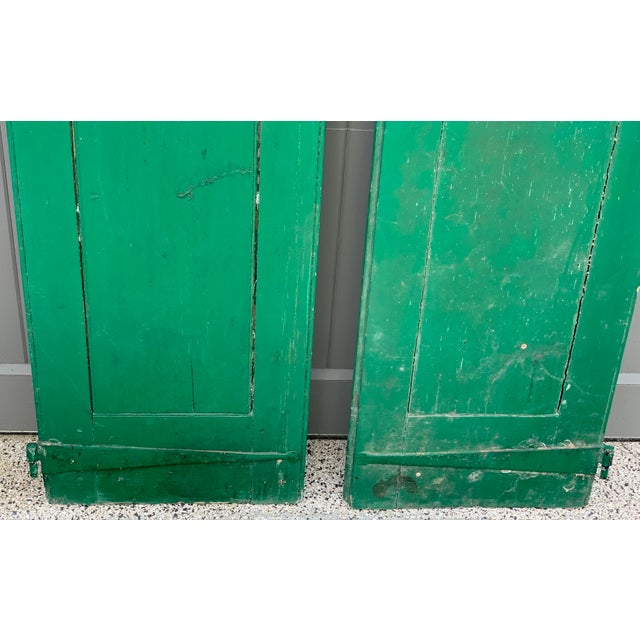 Early 20th Century Antique European Arched Wood Shutters in Aged Green Paint – Pair For Sale - Image 5 of 9