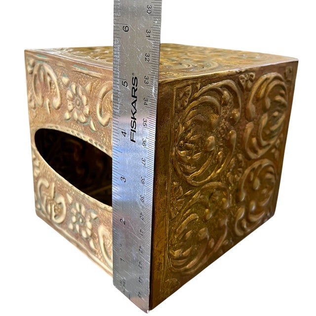 Metal Vintage Solid Brass Embossed Floral Tissue Box Cover – Arts & Crafts, Art Nouveau, Boho For Sale - Image 7 of 8