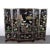 Vintage Chinese five-panel folding screen in black lacquer, richly decorated with carved hardstone relief depicting cranes...
