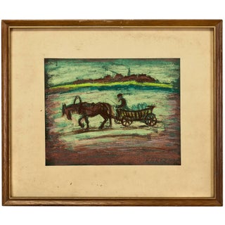 Simon Natan Karczmar, Untitled, Horse and Wagon Pastel Drawing Shtetl Judaica Scene Polish Jewish Life For Sale