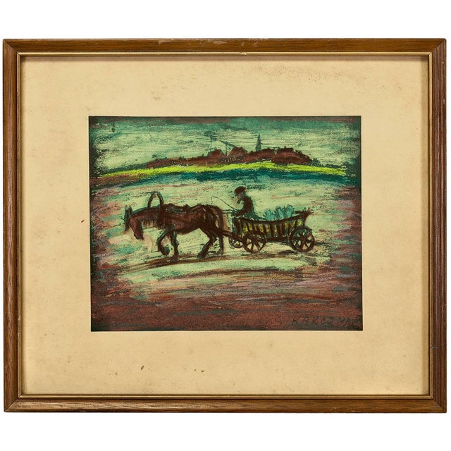 Simon Natan Karczmar, Untitled, Horse and Wagon Pastel Drawing Shtetl Judaica Scene Polish Jewish Life For Sale
