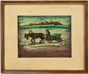 Simon Natan Karczmar, Untitled, Horse and Wagon Pastel Drawing Shtetl Judaica Scene Polish Jewish Life