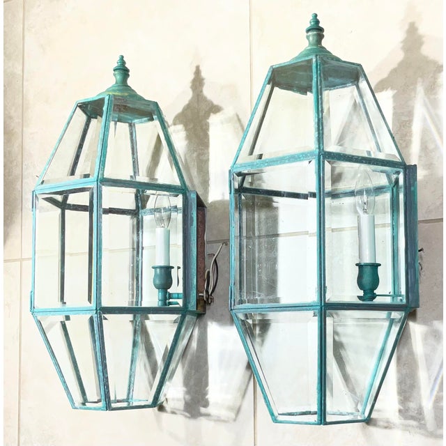 Exquisite Pair of Vintage Solid Brass Hexagonal Wall Lanterns For Sale - Image 14 of 17