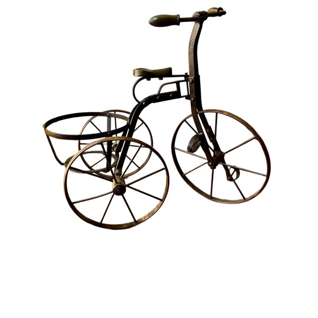 Mid 20th Century Vintage Decorative Metal Tricycle Planter With Spoked Wheels and Brass Accents For Sale - Image 5 of 17