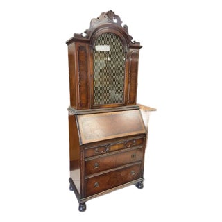 Antique Secretary Desk, Brass Backed Screen Glass Door, Burl Wood Inlay, Two Shelves For Sale