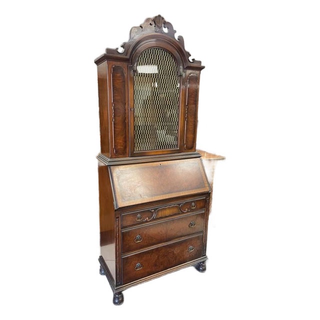 Antique Secretary Desk, Brass Backed Screen Glass Door, Burl Wood Inlay, Two Shelves For Sale
