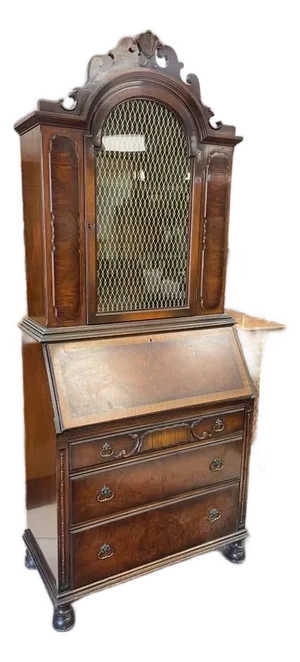Antique Secretary Desk, Brass Backed Screen Glass Door, Burl Wood Inlay, Two Shelves