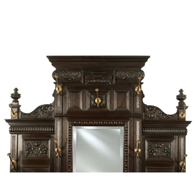 Brown Antique Monumental Renaissance Revival Carved Oak Hall Tree Stand Mirror 1890 For Sale - Image 8 of 14