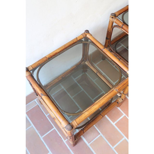 Bamboo and Rattan Bedside Tables with Smoked Glass Tops, 1970s, Set of 2 For Sale - Image 9 of 14