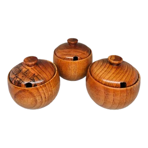 MCM Jujube Wood Salt and Condiment Jars With Lids (Set of Three)