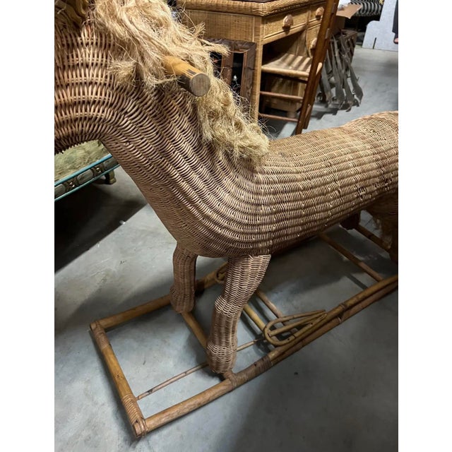 Up for consideration is a beautiful vintage oversized wicker children's rocking horse. This would look lovely in a nursery...