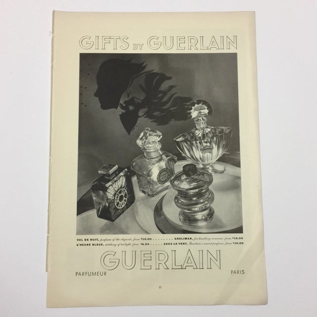 Ad for Guerlain Parfumeur, Paris for Vol de Nuit, L'Heure Bleue, Shalimar and Sous le Vent, priced from $6.50 to $16.00....