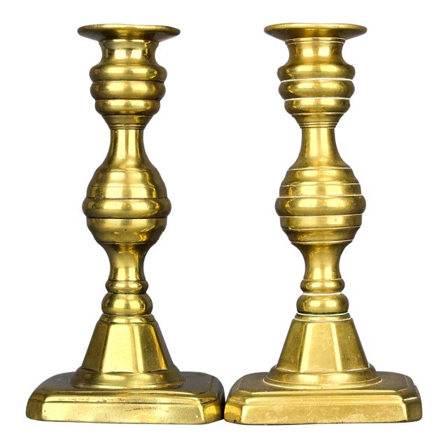 1820's English Brass Beehive Push-Up Candlestick Holders Set of 2 For Sale