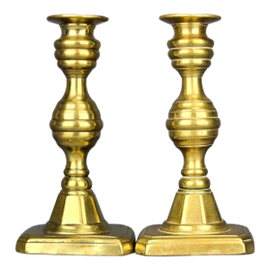 1820's English Brass Beehive Push-Up Candlestick Holders Set of 2