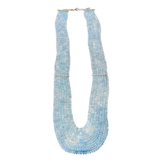 1100 Ct 6 Layer Natural Aquamarine Bead Necklace 14 Kt Gold and Diamond Necklace For Sale