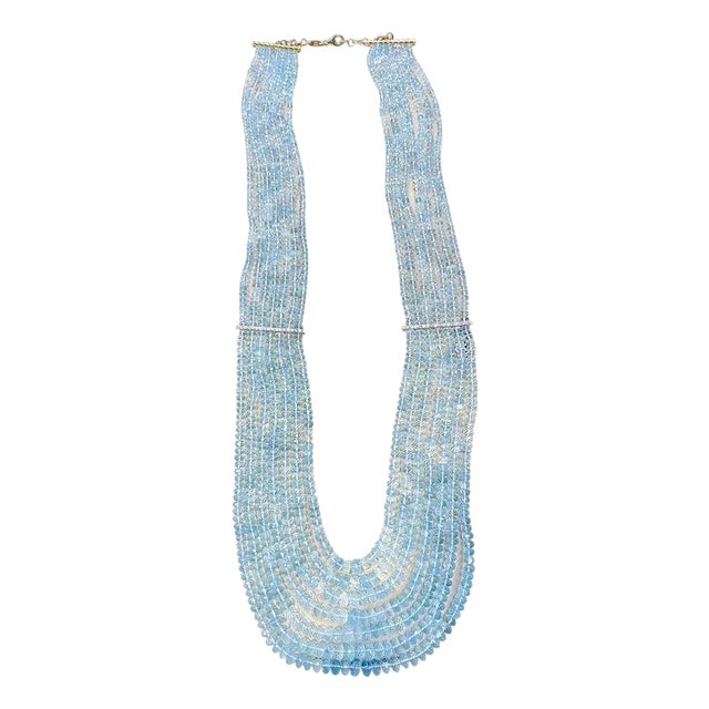 1100 Ct 6 Layer Natural Aquamarine Bead Necklace 14 Kt Gold and Diamond Necklace For Sale