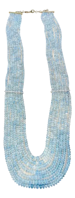 1100 Ct 6 Layer Natural Aquamarine Bead Necklace 14 Kt Gold and Diamond Necklace