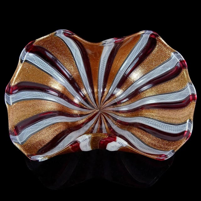Abstract Murano Vintage Glittery Copper Aventurine Pink Red White Ribbons Italian Art Glass Footed Bowl Dish For Sale - Image 3 of 8