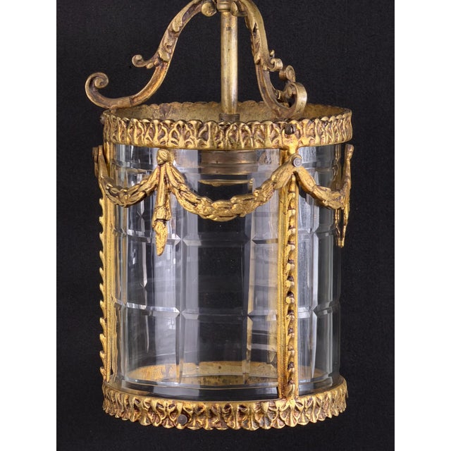 Metal Antique French Louis XVI Style Gilt Bronze Hanging Lantern with Faceted Glass For Sale - Image 7 of 10