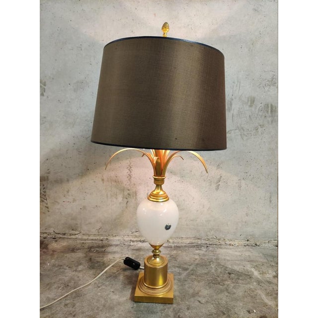 Brass and Opaline Pineapple Leaf Table Lamp, 1960s For Sale - Image 11 of 12