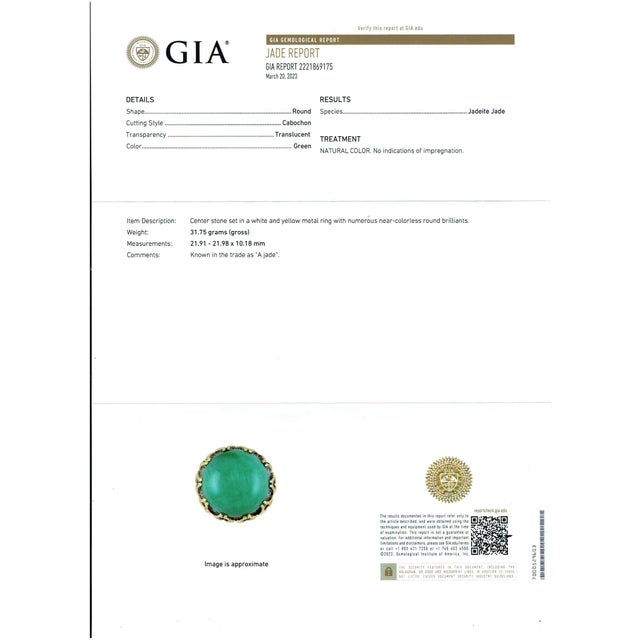 Gia Certified 40ct Jadeite Jade & 4ct Diamond Cocktail Ring 18ky Gold No Treat For Sale - Image 4 of 8