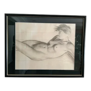 1980s Framed Charcoal Drawing of Nude Woman