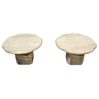 Pair of 1970s Italian Travertine Scalloped Edge Pedestal End Tables For Sale