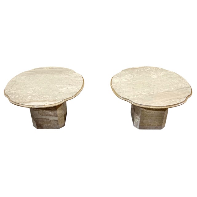 Pair of 1970s Italian Travertine Scalloped Edge Pedestal End Tables For Sale