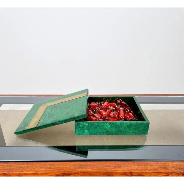 Square Box in Green Goatskin & Brass by Aldo Tura, Italy, 1960s For Sale - Image 14 of 15