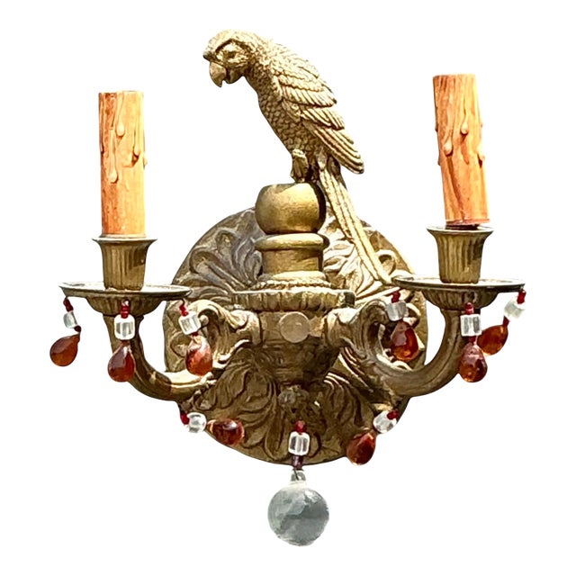 Vintage Brass and Crystal Parrot Sconce For Sale