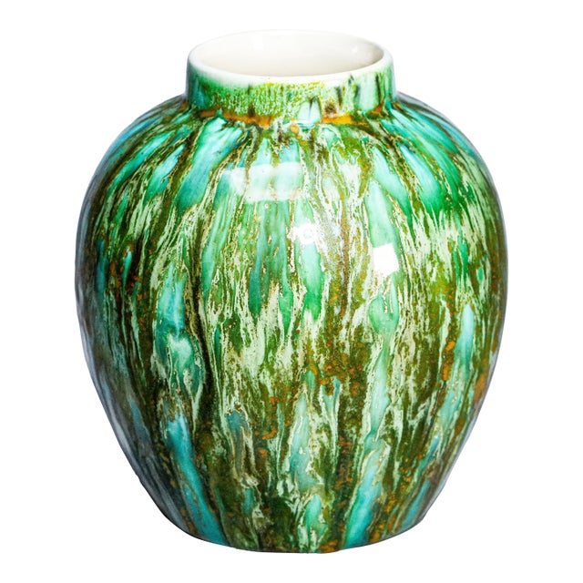 Groovy Mid Century Modern MCM Unique Drip Glazed Vintage Decorative Green Vase Home Decor Studio Pottery For Sale
