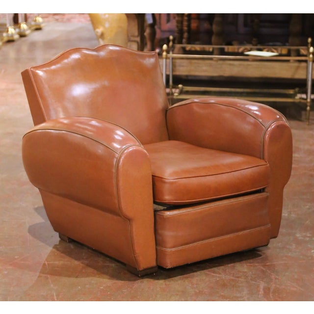 Mid-Century French Art Deco Style Club Chair in Brown Bonded Leather For Sale In Dallas - Image 6 of 8