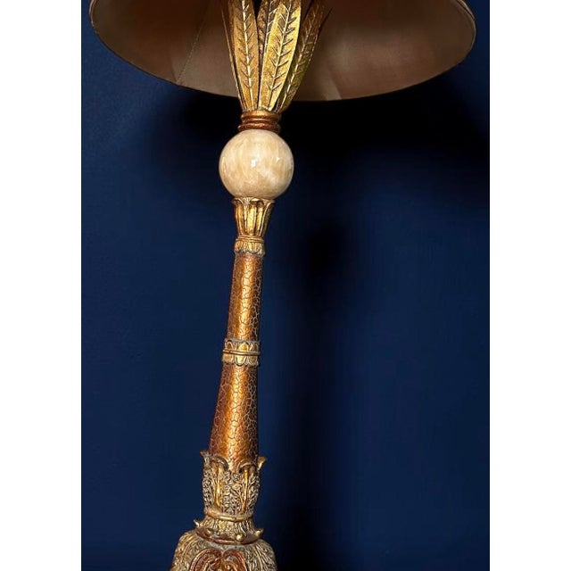 Hollywood Regency Vintage Hollywood Regency Neoclassical Gilt Lamp W/ Marbled Orb & Metal Leaves For Sale - Image 3 of 5