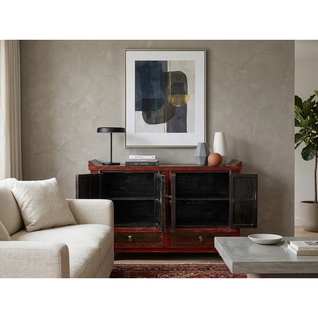 Wood Vintage Distressed Brick Red Marks Point Edge Credenza Sideboard Cabinet For Sale - Image 7 of 18
