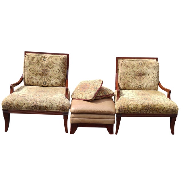 2010s Vintage Thomasville Collection, Armchairs, Ottoman & End Table. For Sale - Image 5 of 12