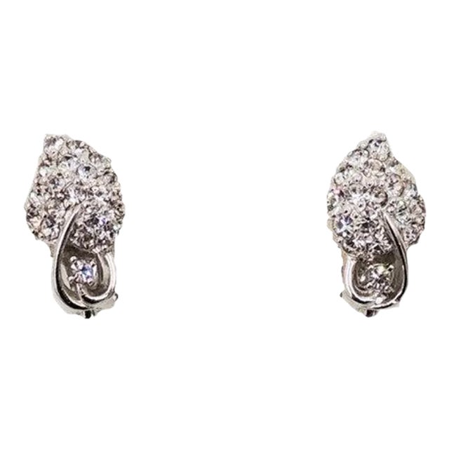 1950s Pennino Rhodium Plated Pave Clear Rhinestone Leaf Clip Earrings - 2 Pieces For Sale