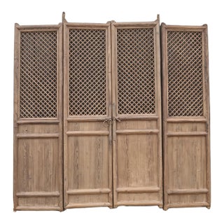 100" High Large Antique Chinese Screen Door- a Set of 4 Lattice Screen Panels For Sale