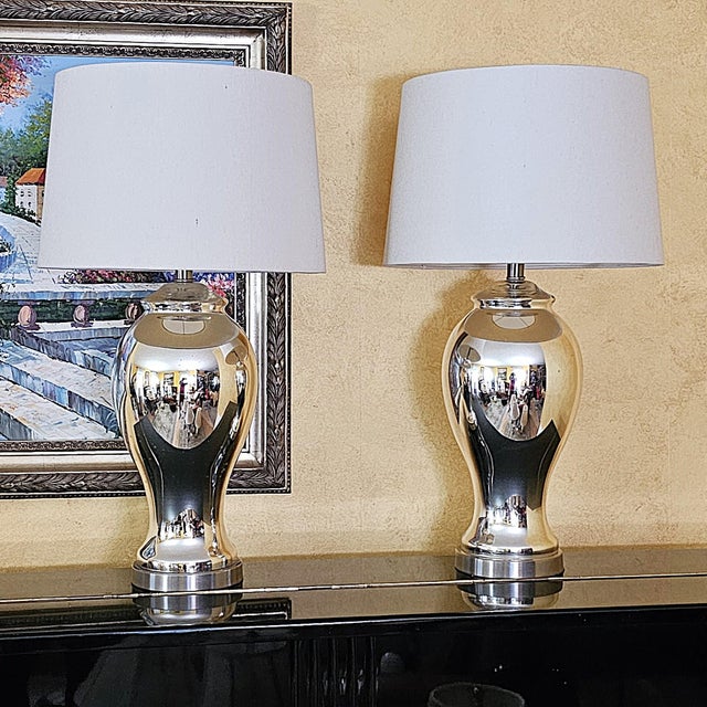 Pair of Vintage Mercury Glass Table Lamps With Light-Gray Drum Shades For Sale - Image 18 of 18