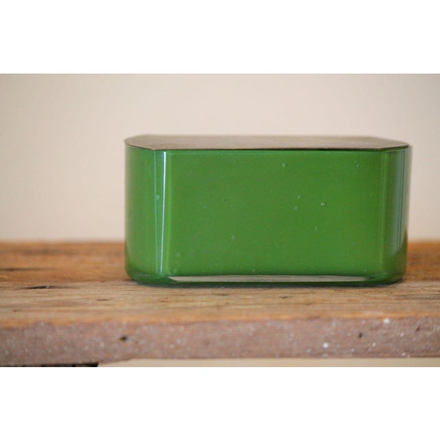 Art Nouveau Antique Opaque Green Glass Dresser/Powder Box With Brass Lid For Sale - Image 3 of 7